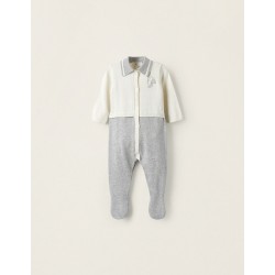 KNITTED JUMPSUIT WITH FEET FOR NEWBORN 'RABBIT', WHITE/GREY