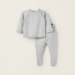 KNITTED FOOTED JACKET + PANTS FOR NEWBORN 'BUNNY', GRAY