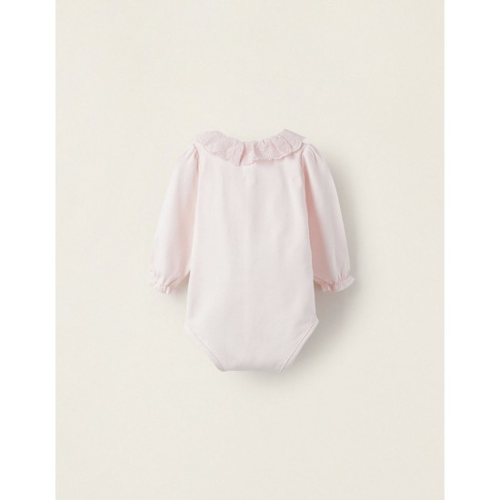 COTTON BODYSUIT WITH ENGLISH EMBROIDERY FOR NEWBORN, PINK