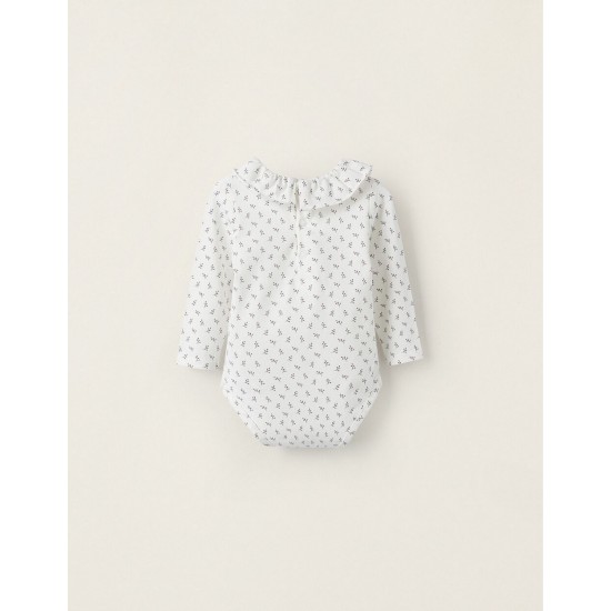 COTTON JERSEY BODYSUIT WITH RUFFLE FOR NEWBORN 'FLORAL', WHITE