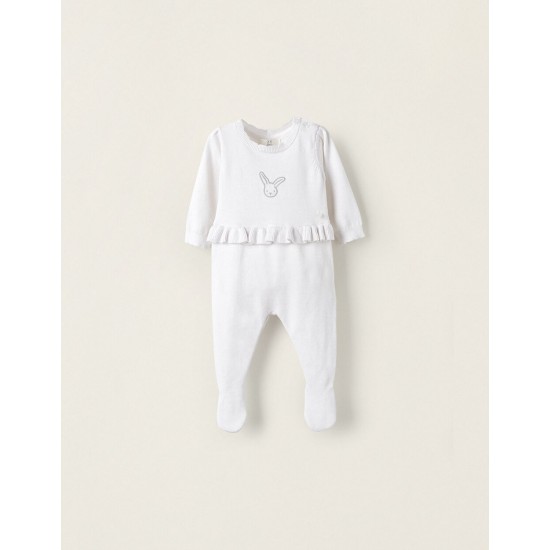KNITTED JUMPSUIT WITH RUFFLES AND FEET FOR NEWBORN 'COELHO', WHITE