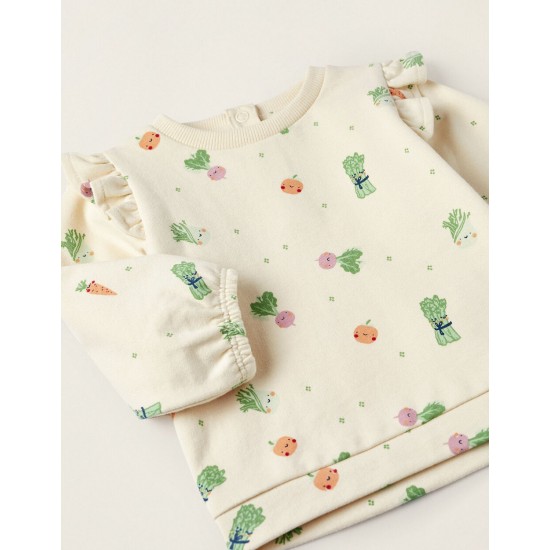 LONG-SLEEVED T-SHIRT FOR BABY GIRL 'LEGUMES AND VEGETABLES', BEIGE