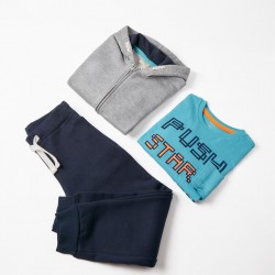 3 PIECES OF BOYS' COTTON SUITS FOR BOY 'PUSH START', GREY/BLUE