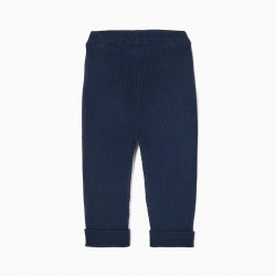 BABY GIRLS' RIBBED KNIT COTTON TROUSERS, DARK BLUE