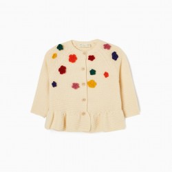 KNITTED JACKET WITH FLOWERS FOR BABY GIRL, BEIGE