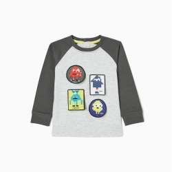 LONG SLEEVE T-SHIRT IN BABY COTTON BOY 'SUPER POWERS', GREY