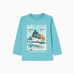 LONG SLEEVE T-SHIRT IN BABY COTTON BOY 'MONSTERS', BLUE