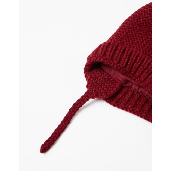 KNITTED BEANIE WITH POMPOM FOR BABIES, BURGUNDY