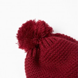 KNITTED BEANIE WITH POMPOM FOR BABIES, BURGUNDY