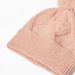 KNITTED BEANIE WITH POMPOM FOR GIRL, PINK