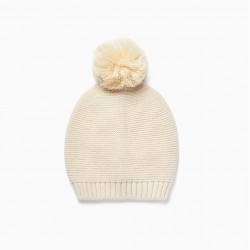 LONG KNIT CAP WITH POMPOM FOR CHILDREN, WHITE
