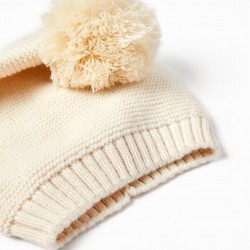 LONG KNIT CAP WITH POMPOM FOR CHILDREN, WHITE