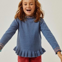 SWEATER WITH JACQUARD AND FRILLS FOR GIRL, BLUE