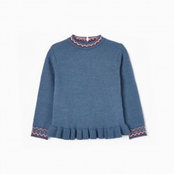 SWEATER WITH JACQUARD AND FRILLS FOR GIRL, BLUE