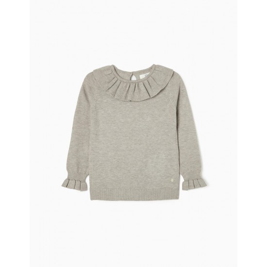 KNITTED SWEATER WITH FRILLS FOR GIRL, GREY