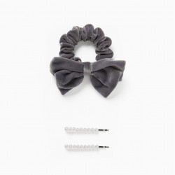 PACK 2 INDENTS + 1 SCRUNCHIE FOR BABY AND GIRL, WHITE/GREY
