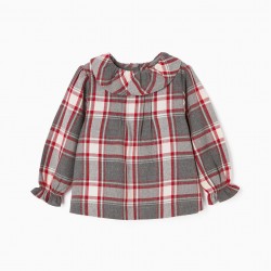 BABY GIRL 'B&S' CHESS BLOUSE, GREY/RED