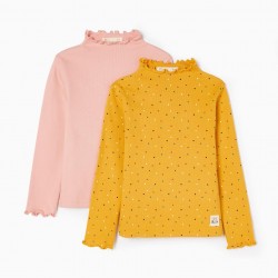 PACK 2 LONG SLEEVE CINNAMON T-SHIRTS IN WOMEN'S COTTON, YELLOW/PINK