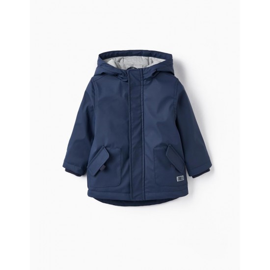 RUBBER PARKA WITH HOOD FOR BABY BOYS, DARK BLUE