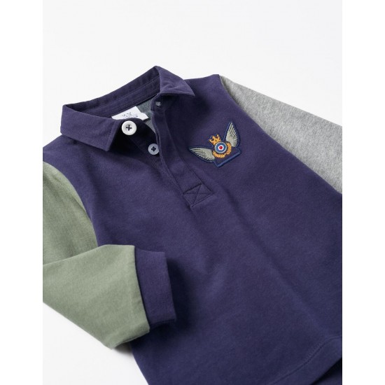 LONG-SLEEVED COTTON POLO SHIRT FOR BABY BOY, DARK BLUE