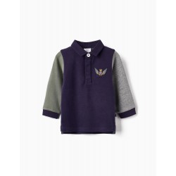 LONG-SLEEVED COTTON POLO SHIRT FOR BABY BOY, DARK BLUE