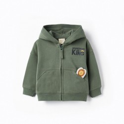 COTTON HOODED JACKET WITH TOY FOR BABY BOY, DARK GREENCOTTON HOODED JACKET WITH TOY FOR BABY BOY, DARK GREEN