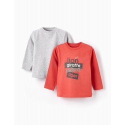 PACK OF 2 COTTON T-SHIRTS FOR BABY BOYS 'ANIMALS', RED/GREY