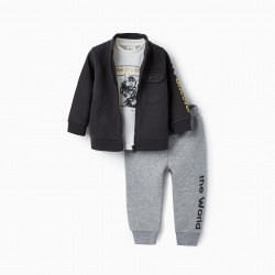3-PIECE TRACKSUIT FOR BABY BOYS, GREY/WHITE