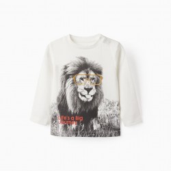 LONG SLEEVE COTTON T-SHIRT FOR BABY BOY 'LEÃO', WHITE