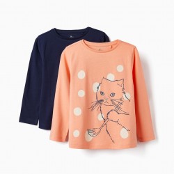 PACK 2 COTTON T-SHIRTS FOR GIRLS, CORAL/DARK BLUE
