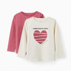 PACK 2 COTTON T-SHIRTS FOR GIRLS 'FOREVER IN LOVE', CREAM/PINK