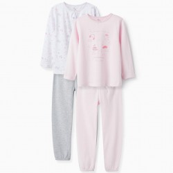 PACK OF 2 COTTON PAJAMAS FOR GIRLS 'BEDTIME ROUTINE', WHITE/PINK/GRAY