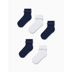 PACK 5 PAIRS OF LACE SOCKS FOR GIRLS, WHITE/DARK BLUE