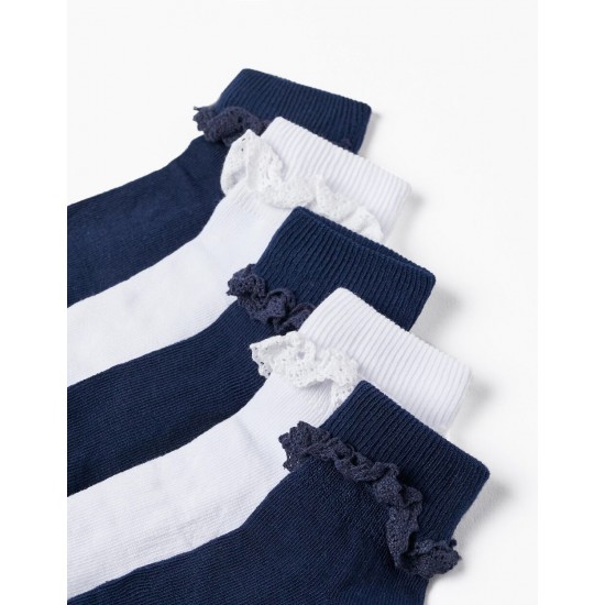 PACK 5 PAIRS OF LACE SOCKS FOR GIRLS, WHITE/DARK BLUE