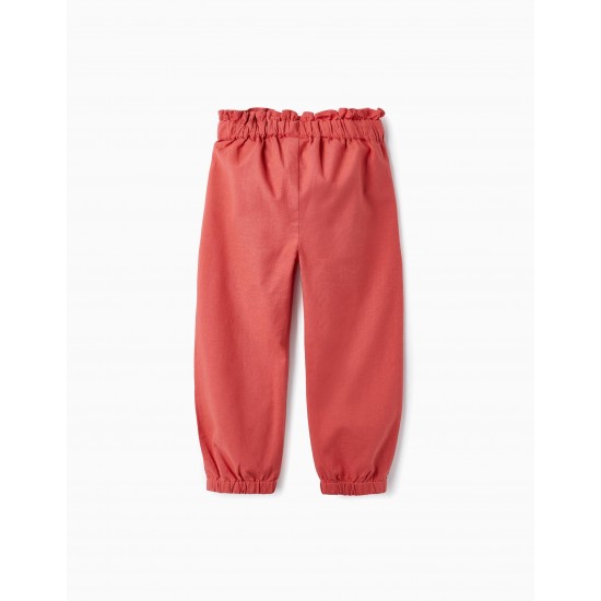 PAPERBAG LINEN AND COTTON PANTS FOR GIRLS, DARK PINK