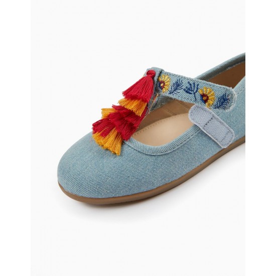DENIM BALLERINAS WITH TASSELS AND EMBROIDERY FOR GIRL, BLUE
