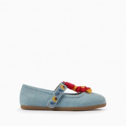 DENIM BALLERINAS WITH TASSELS AND EMBROIDERY FOR GIRL, BLUE