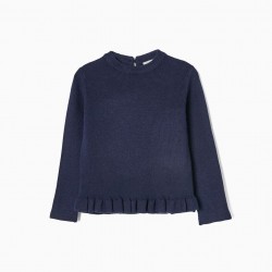 RIBBED KNIT SWEATER WITH RUFFLES FOR GIRLS, DARK BLUE