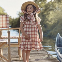 CHECKED DRESS WITH RUFFLES FOR GIRLS, SALMON/BEIGE
