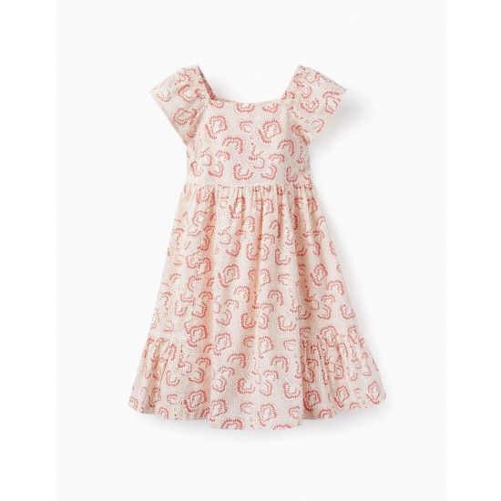 GIRL'S FLORAL COTTON RUFFLED DRESS, PINK/WHITE