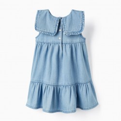 FINE DENIM DRESS WITH RUFFLES FOR BABY GIRL, LIGHT BLUE