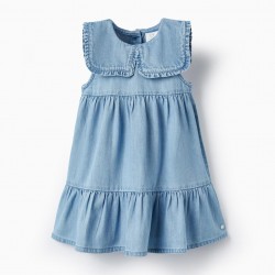 FINE DENIM DRESS WITH RUFFLES FOR BABY GIRL, LIGHT BLUE