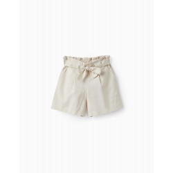 LINEN AND COTTON PAPERBAG SHORTS FOR GIRLS, BEIGE