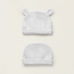 PACK OF 2 COTTON HATS FOR NEWBORN, GREY/WHITE
