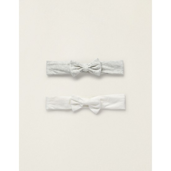 PACK OF 2 HAIR RIBBONS WITH BOWS FOR NEWBORNS, WHITE/LIGHT GRAY