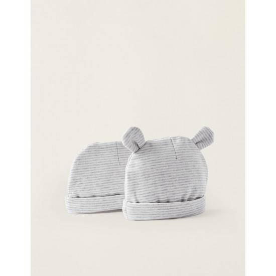 PACK OF 2 COTTON HATS FOR NEWBORN, GREY/WHITE