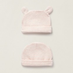 PACK OF 2 COTTON HATS FOR NEWBORNS, PINK/WHITE