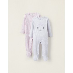PACK OF 2 COTTON ROMPERS FOR BABY GIRLS 'PRINCESS KITTEN', GREY/PINK