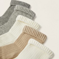 PACK OF 5 RIBBED COTTON FOLD SOCKS FOR BABY, MULTICOLOR