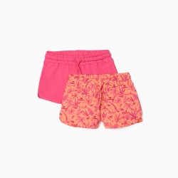 2 GIRL'S SHORTS 'PALM TREE', CORAL/PINK